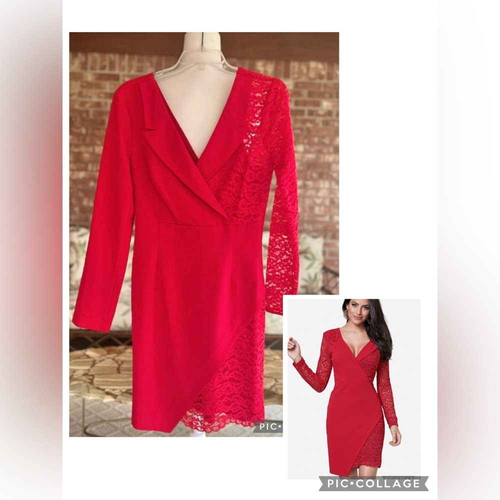 Venus Dress Red Lace Faux Wrap Mini Long Sleeve 6 Cocktail Party Chic Glam